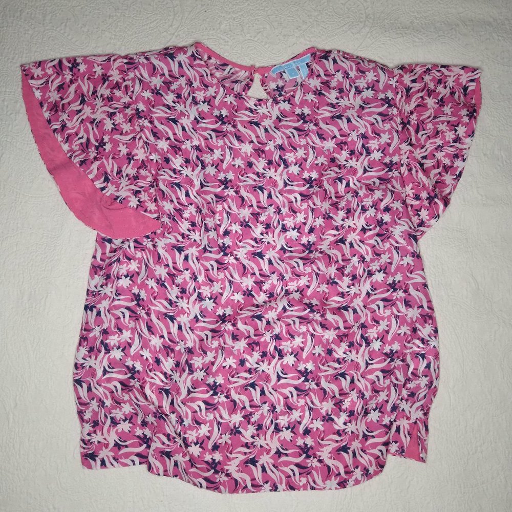 Draper James Top Blouse Shirt Flutter Sleeves Pink Floral Silk 6